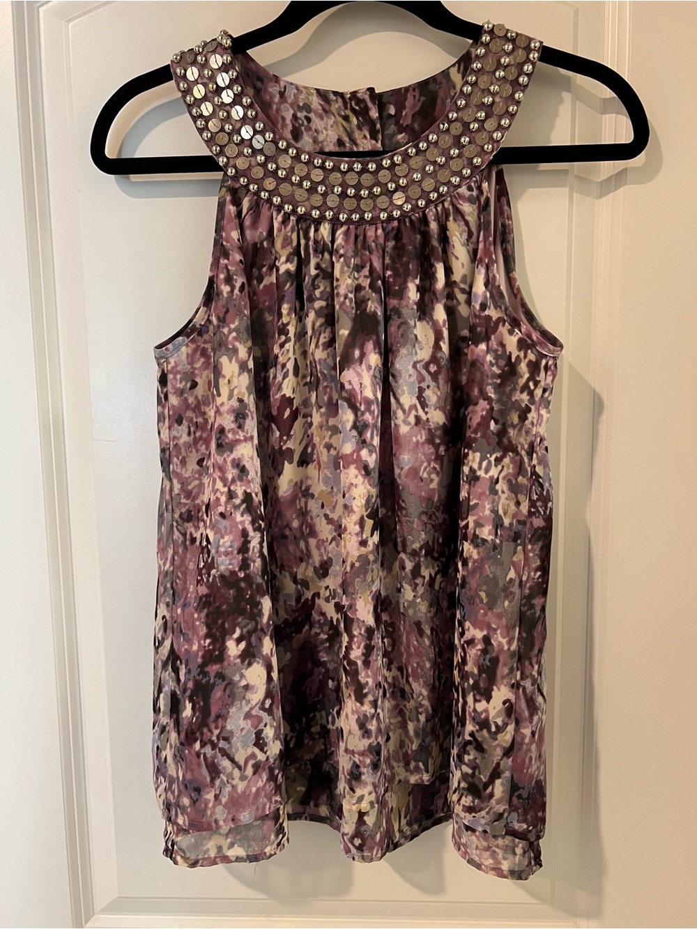 Adiva Purple Floral Beaded Neckline Sleeveless Top